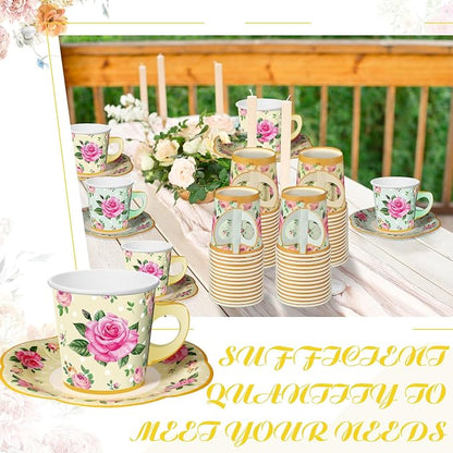 Umigy 60 Sets Floral Tea Party Decorations 6.5 oz Floral Paper Teacups & Saucer - Image 5