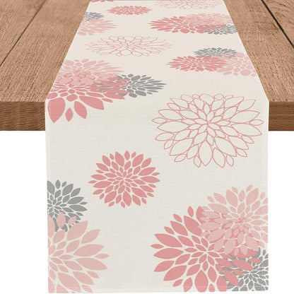 Pink Gray Table Runner Dahlia Pinnata Flower Beige Table Runners Modern Elegant by WHOMEAF