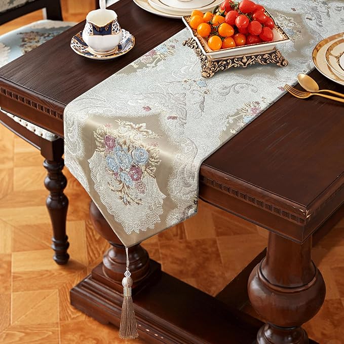 120" Exquisite Table Runner Elegant Chic Jacquard Textured Damask Beige | by HeMiaor