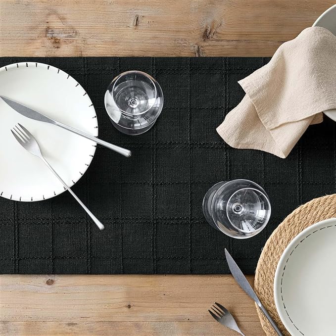 Linen Checked Farmhouse Table Runner, 13x48 Inches Black | Raised Grid Design - Image 7