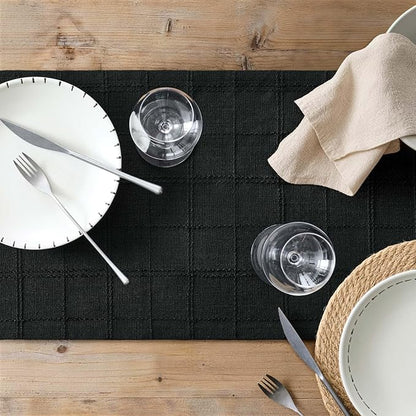 Linen Checked Farmhouse Table Runner, 13x48 Inches Black | Raised Grid Design - Image 7