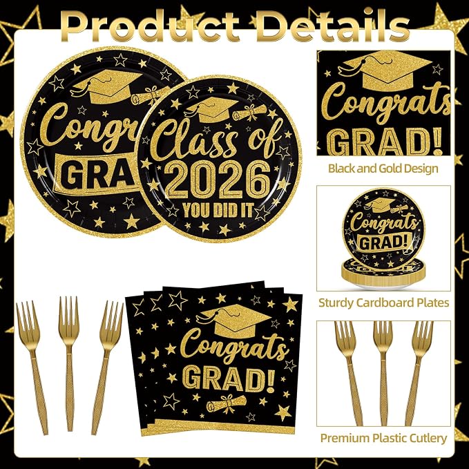 100 Pcs Graduation Party Supplies Set, Serves 25 – Disposable Black and Gold - Image 2
