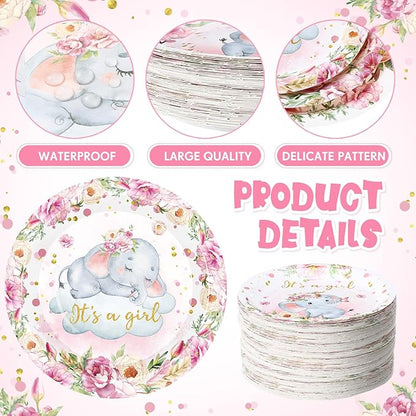 7 Inch Pink Elephant Baby Shower Paper Plates 60 Pcs It's a Girl Tableware Decorations Baby Shower Plate for Girl Gender Reveal Plates Party Supplies for Pink Floral Party
