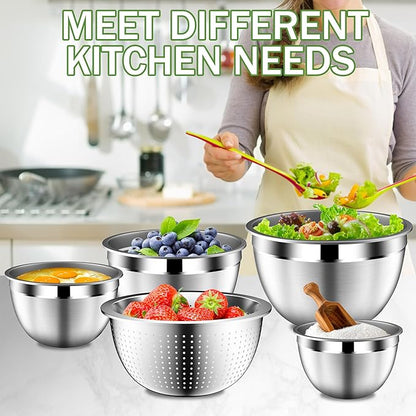 Mixing Bowls with Lids Set, Stainless Steel Mixing Bowl Set with Colander, Strainer with Bowls - Pistachio
