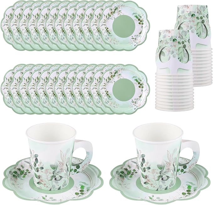 24 Sets Eucalyptus Leaf Tea Party Cups, 7 OZ Disposable Paper Tea Cups | by NatNarr