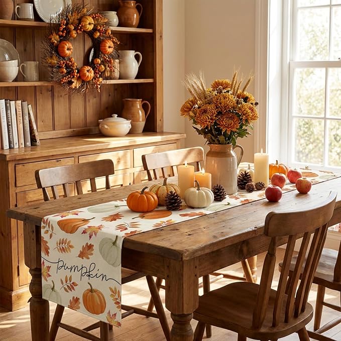 Fall Table Runner Decorations, Pumpkin Maple Leaf Thanksgiving Harvest Decor | - Image 9