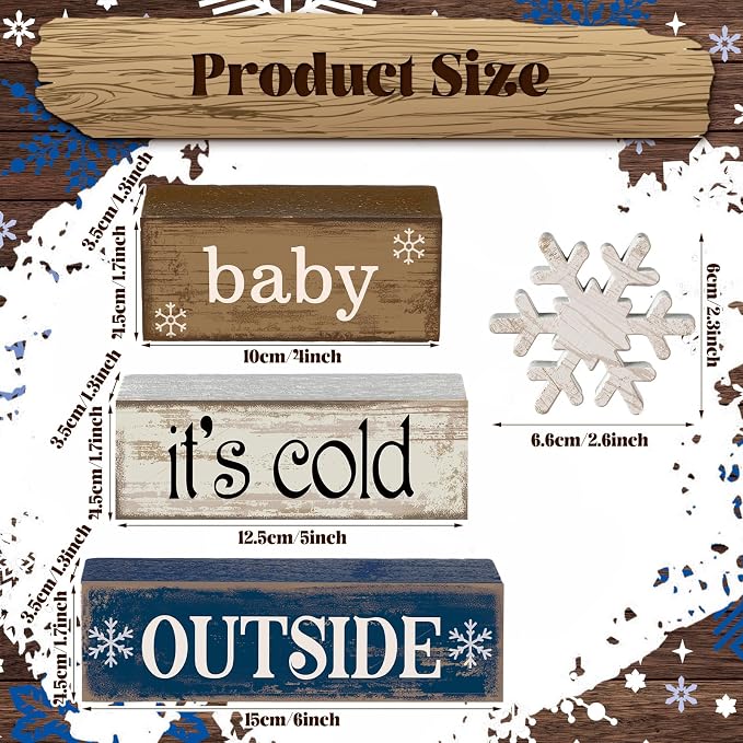Moucuny 4 Pcs Christmas Table Decoration Winter Wooden Stacked Block, Baby It's - Image 2