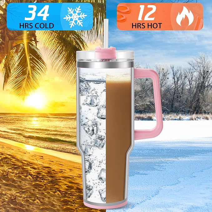40 oz Tumbler with Handle and Straw, Reusable Stainless Steel Insulated Water - Image 2