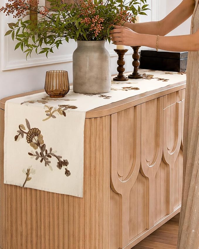 Embroidered Canvas 13"x 72" Narrow Table Runner, Dried Flower | Exquisite - Image 6