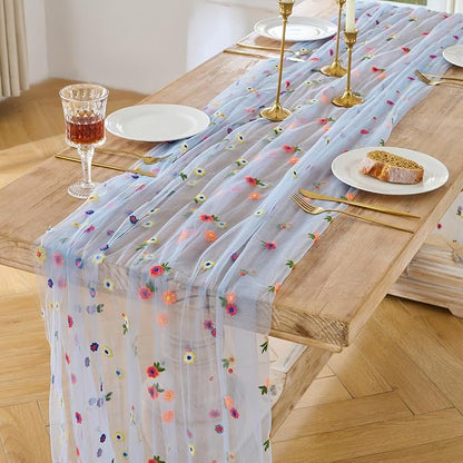 BINBE 1pcs Daisy Spring Table Runner Embroidery Gauze 10FT Florals Seasonal - Image 2