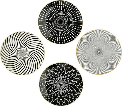 8 Inch Set of 4 Assorted Designs, Porcelain Plates With Patterns,Black Ceramic Dessert Plates, Dishware with Golden Rim for Sandwiches Salad Pasta, Microwave Oven Dishwasher Safe (A)