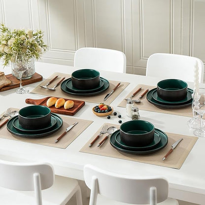 12 Piece Ceramic Dinnerware Set for 4, Modern Minimalist Stoneware Dinner Plates and Bowls, Microwave Safe, Dishwasher Safe, Versatile for All Seasons, Matte Green