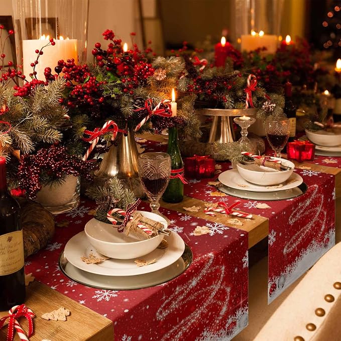 Red Christmas Table Runner 120 Inches Long, Xmas Tree Balls Snowflake Table - Image 6
