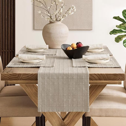 Artisanal Grid Linen Table Runner, 13x60 Inches Oatmeal | Heavy Textured - Image 4