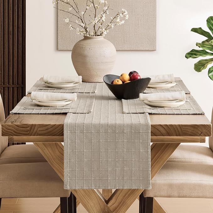 Artisanal Grid Linen Table Runner, 13x48 Inches Oatmeal | Heavy Textured - Image 4