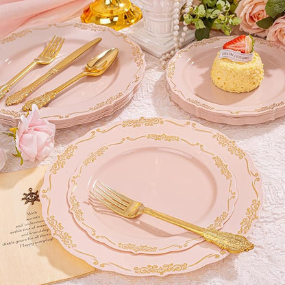 DaYammi 150Pcs Pink Plastic Plates with Gold Rimmed & Gold Silverware,Pink Disposable Plates for Party Include 30 Dinner Plate,30 Dessert Plate,30 Knives,30 Forks,30 Spoons for Valentine's Day Party