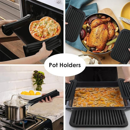 Silicone Trivets for Hot Pots and Pans, 4 Pack Heat Resistant Pot Holders for kitchen, Large Silicone Trivet Mat for Hot Dishes, Black Hot Pads for Kitchen Counter, Hot Mats Spoon Rest, 9 * 12 Inches