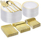 BESTVIP 300PCS Gold Plastic Plate Set (50 Guests), Plastic Plates for Party Wedding Birthday, Disposable Dinnerware Set of 100 Plates, 100 Forks, 50 Spoons, 50 Knives for Christmas