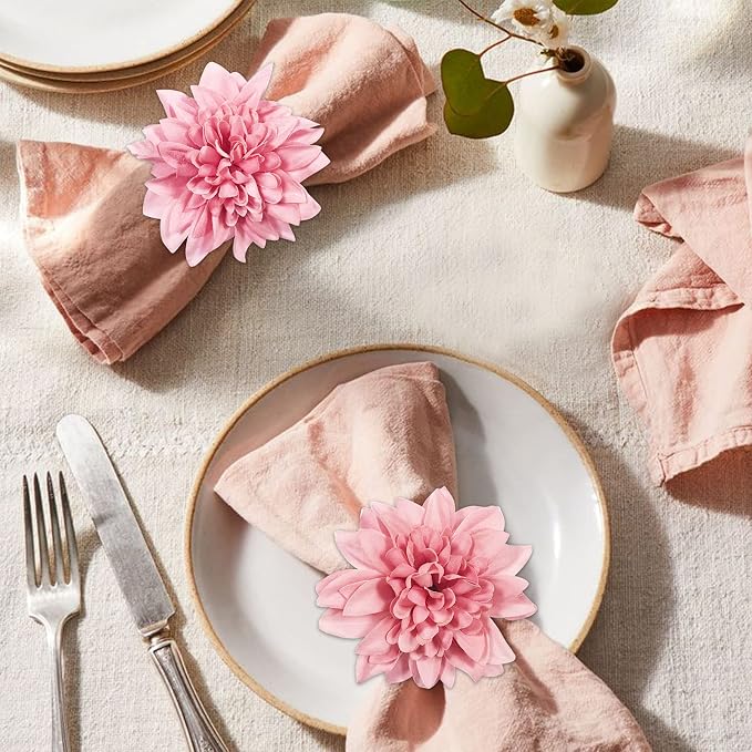 wonlex Farmhouse Flower Napkin Rings Set of 8, Faux Pink Dahlia Napkin Ring - Image 2
