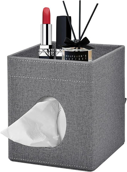 Tissue Box Cover with Storage Tray Square Tissue Box Holder PU Leather Facial Tissues Organizer Tray for Bathroom Vanity Bedroom Office Car,Stylish Napkin Caddy Decorative Organizer (Grey)