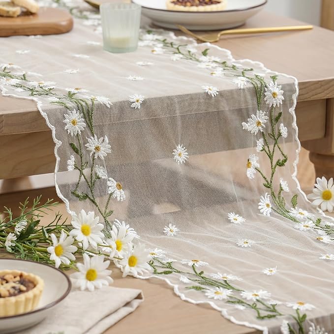 Artoid Mode Daisy Floral Milky White Shaped Gauze Embroidery Table Runner 120 - Image 7