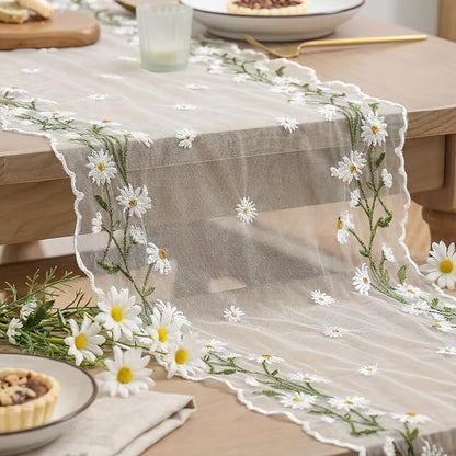 Artoid Mode Daisy Floral Milky White Shaped Gauze Embroidery Table Runner 120 - Image 7