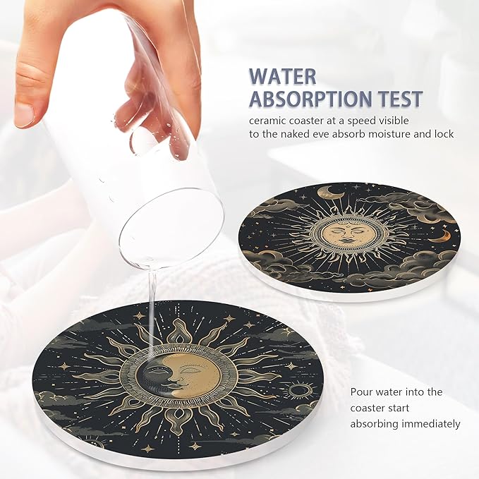Drink Coasters Set of 6 with Holder, Gold Sun Moon Clouds Stars Absorbent Ceramic Coasters with Cork Base,Fit All Cups,Great Gift for Housewarming,Room Decor,Bar,Holiday Party