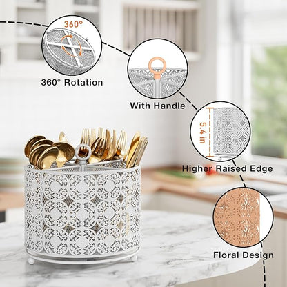 Rotating Utensil Caddy Holder - Higher Raised Cutlery Caddy Countertop - Metal Silverware Caddy Organizer with 4 Compartment for Kitchen Counter Party Office white