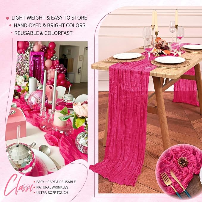 Showgeous 2 Pack Hot Pink Cheesecloth Table Runners Boho Wedding Decor | Rustic - Image 5