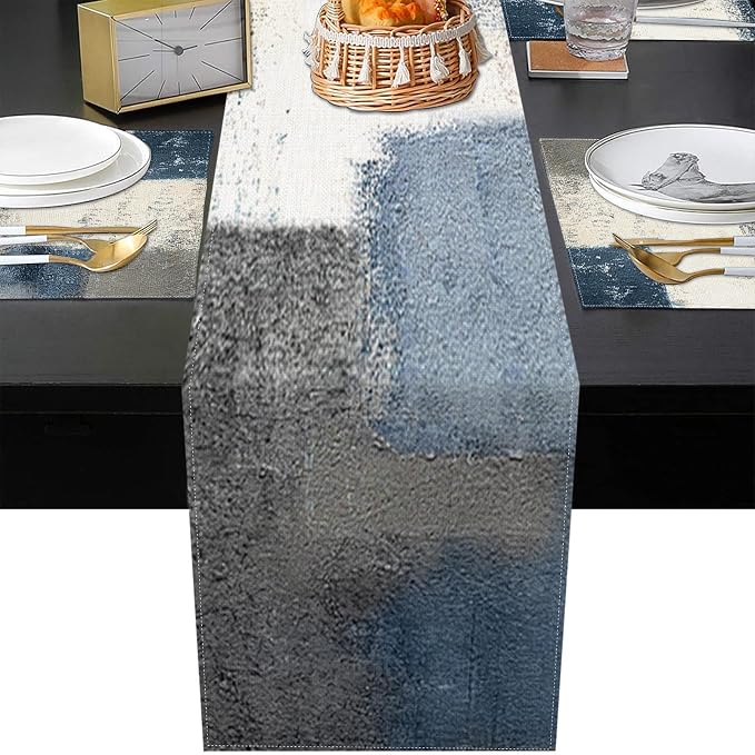 Table Runner and Placemats Set of 6, Abstract Farmhouse | Painting Blue Grey - Image 5