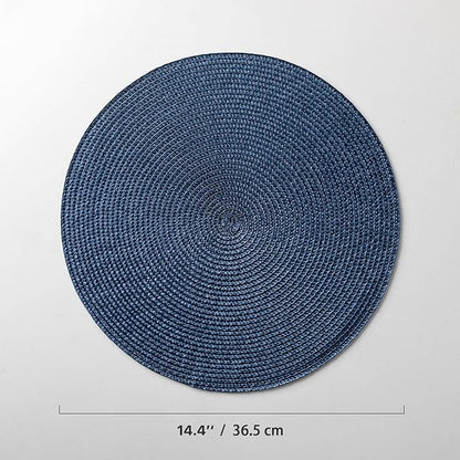 Round Placemats Set of 6 Plastic Woven Placemats Washable Wipeable Table Mats for Dining Table Heat Resistant Non-Slip Circle Place Mats (Navy Blue)
