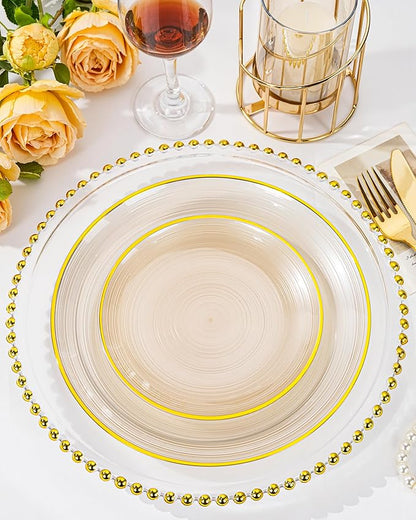 Morejoy 100Pcs Brown Plastic Plates, Clear Coffe Disposable Plates With Gold Rim,Heavy-Duty Brown Plates, Gold Dinnerware Set Include 50 Dessert-plates,50 Dinner-plates for Party & Christmas