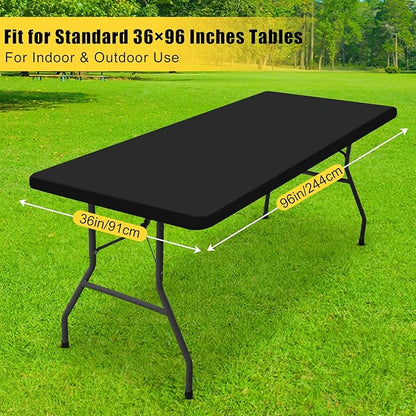 Smiry Rectangle Tablecloth, Elastic Fitted Flannel Backed Vinyl Tablecloths for 8ft Folding Tables, Waterproof Wipeable Table Covers for Indoor, Outdoor, Picnic and Camping (Black, 36"x96")