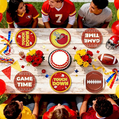 Greencain 60Pcs Chiefs Football Paper Plates Red and Gold Football Paper Plates American Rugby Touchdown Disposable Tableware for Tailgate Sports Birthday Party Supplies Decorations