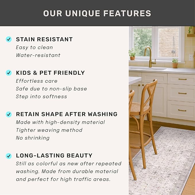 Light Grey 2x5 Boho Bathroom Runner Rug - Modern Eclectic Floral Pastel Neutral Taupe, Washable Low Pile Non-Slip Runner Rugs for Laundry Room, Kitchen, Door Mat Indoor Entrance, Bedroom Beside Bed