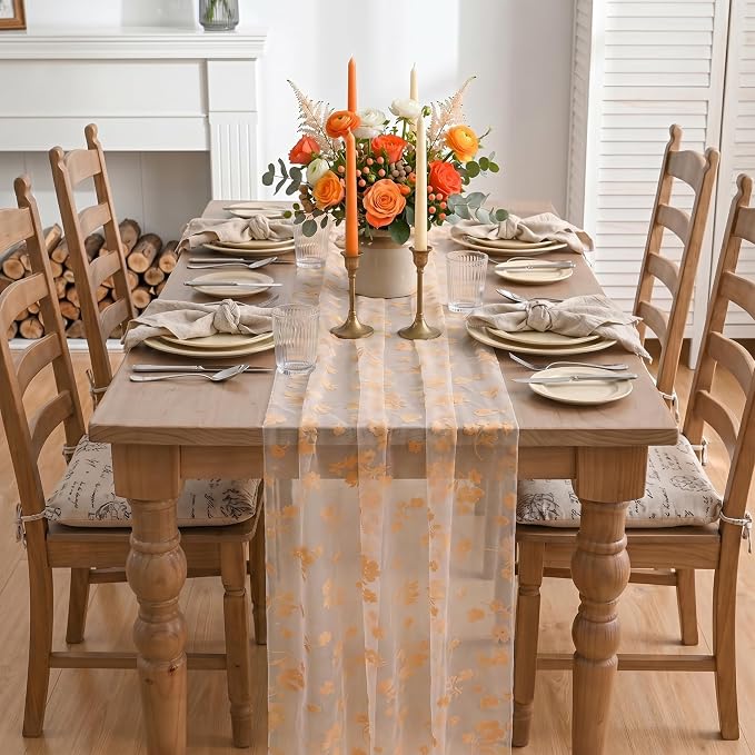 Artoid Mode Pink Gauze Flocking Flowers Table Runner 10FT, Spring Sheer Dining - Image 2