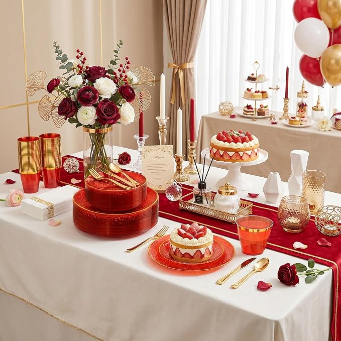 Rubtlamp 175 Pcs Plastic Dinnerware Set, Hammered Party Plates Set Include - Image 4
