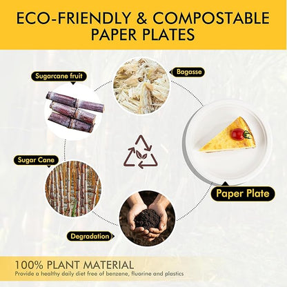 RACETOP Compostable Small Paper Plates 6 Inch [100 Pack], Dessert Plates, Disposable Biodegradable Heavy Duty Paper Plates, Made of Natural Sugarcane Fibers, Unbleached White, Round