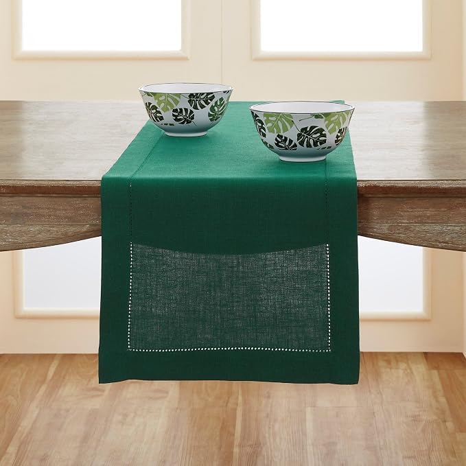 Solino Home 100% Pure Linen Table Runner Rainforest Hemstitch, 14 x 120 in | by SolinoHome