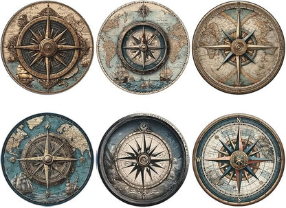 Nautical Compass Coasters for Drinks with Holder Round Leather Coasters Set of 6 Cups Mugs Mat Pad for Home Kitchen Bar