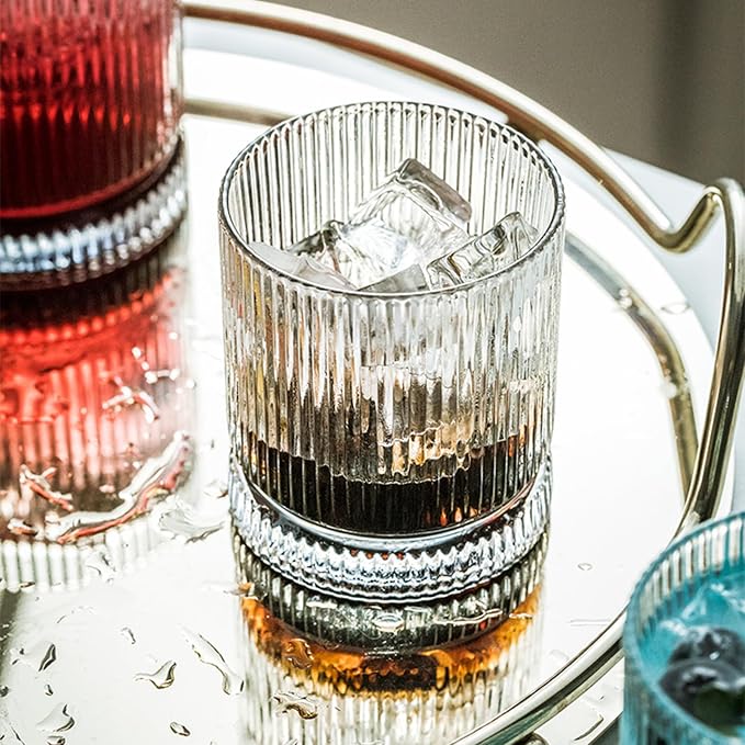 KEMORELA Ribbed Glass Cups Set, 13oz Vintage Drinking Glassware Set of 4 - Image 6