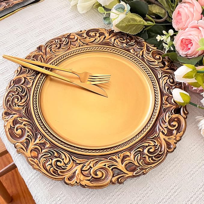 Antique Gold Charger Plates, 13 Inch Dinner Plate Chargers Round Server Ware. - Image 6