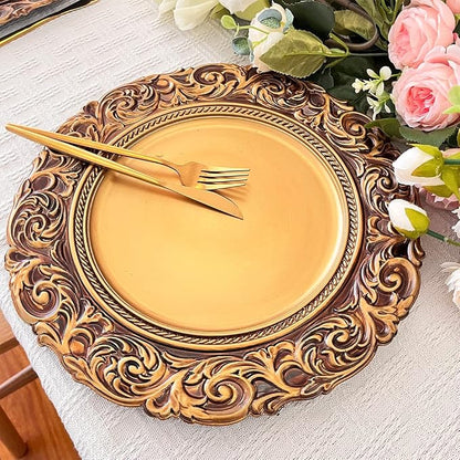 Antique Gold Charger Plates, 13 Inch Dinner Plate Chargers Round Server Ware. - Image 6