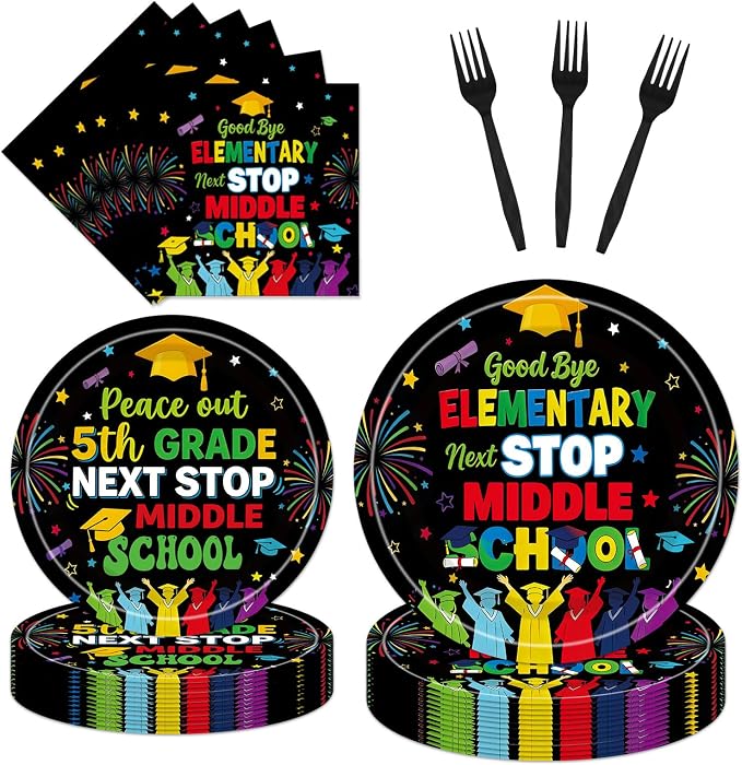 EUOYUFO 96Pcs 5th Grade Graduation Paper Plates Napkins Forks Peace Out Fifth by EUOYUFO