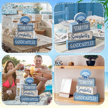 Moucuny 4 Pcs Nautical Beach Decor Shell Tiered Tray Decoration Blue Bow Table - Image 4