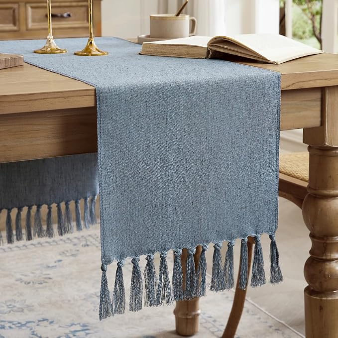 Cotton Linen Table Runner, 13x60 Inch, Dusty Blue by Aoztio