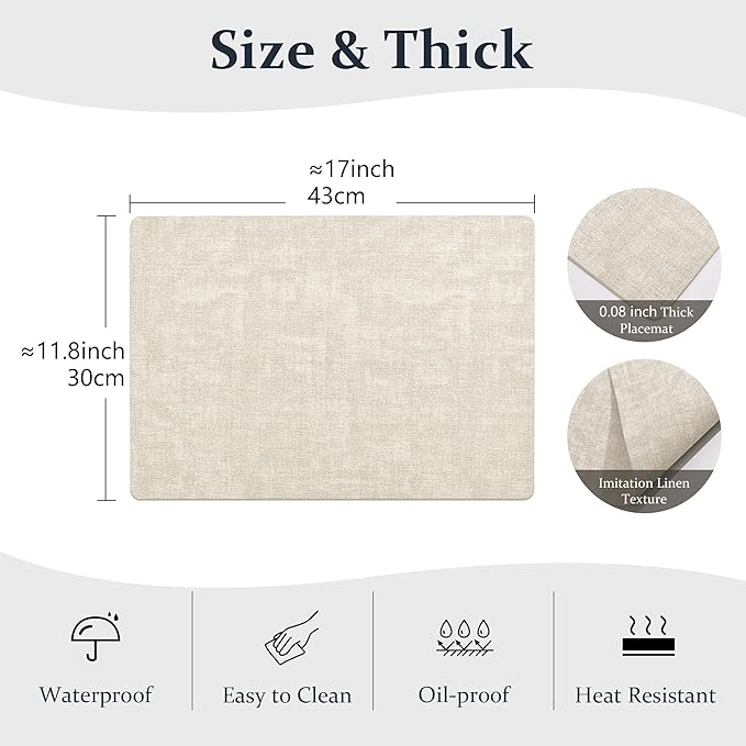 FROMHEART Faux Leather Placemats Set of 6–Waterproof,Heat/Oil Stain-Resistant PU Table Mat–Reversible,Non-Slip,Easy to Clean Place Mats for Kitchen,Dining,Indoor/Outdoor,(Beige,11.8" x 17")