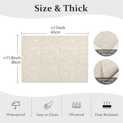 FROMHEART Faux Leather Placemats Set of 6–Waterproof,Heat/Oil Stain-Resistant PU Table Mat–Reversible,Non-Slip,Easy to Clean Place Mats for Kitchen,Dining,Indoor/Outdoor,(Beige,11.8" x 17")