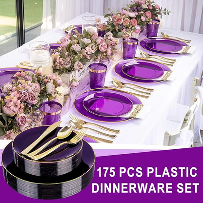 YOUBET 175PCS Purple Plastic Plates - Purple and Gold Disposable Plates Include 50 Plate, 75 Silverware, 25 Cups, 25 Napkins for Wedding & Mardi Gras Party