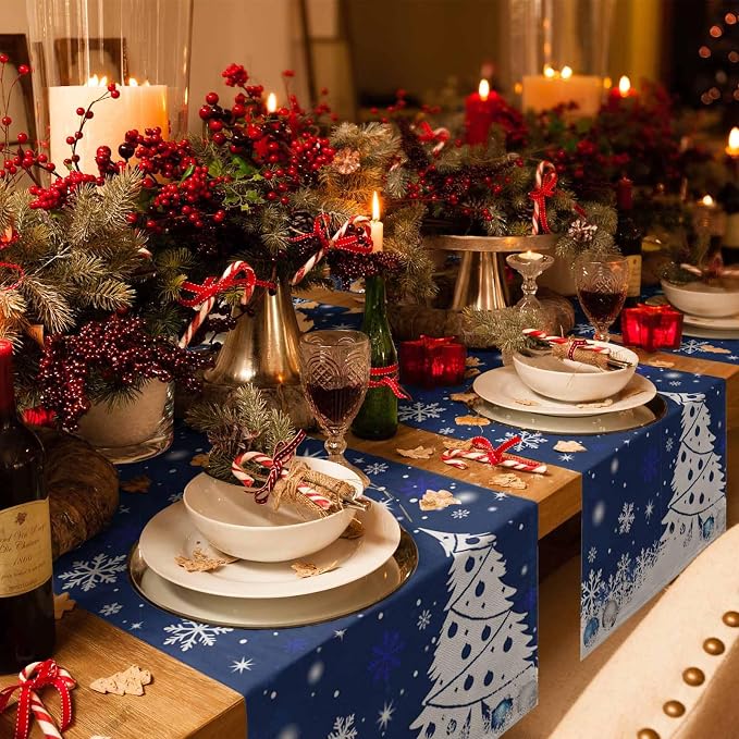 Navy Blue Christmas Tree Table Runner 72 Inches Long, Xmas Balls Snowflake - Image 6